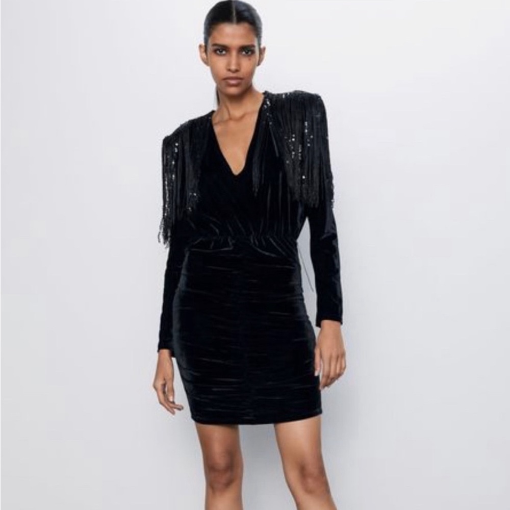 Zara Velvet Fringe Sequin Shoulder Dress